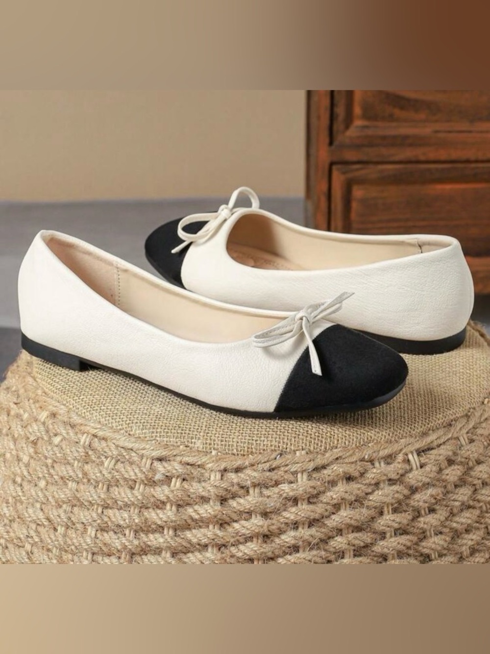 Classic Two-Tone Bow Ballet Flats - White/Black Fashion Square Toe Light pink